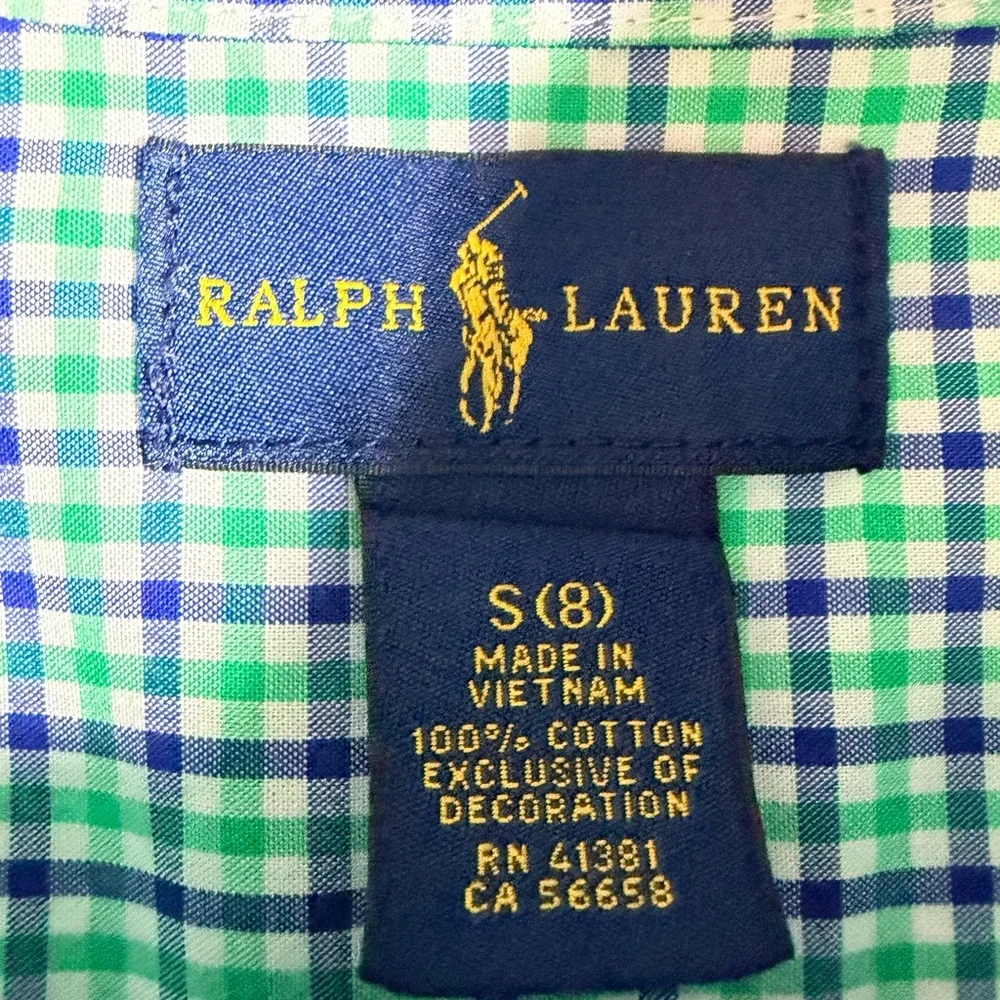 Ralph Lauren Boys Sz S(8) Green Blue Plaid Button Down Shirt Cotton